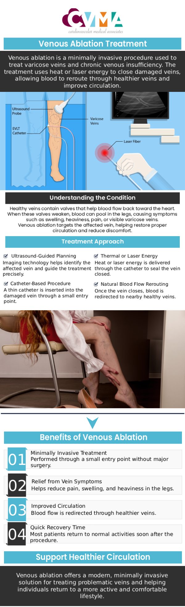 Vein ablation procedures are highly effective and safe options to eliminate symptoms such as inflammation, leg ulcers, blood clots, infections, and internal tissue damage associated with varicose veins. Let us help keep your health in check today! Vein ablation procedures are done by our board-certified cardiologists, Kaushal Tamboli, MD FACC, Paiboon Mahaisavariya MD FACC and his team of experts at Cardiovascular Medical Associates. For more information, contact us or book an appointment online. We serve patients from Downey, CA and surrounding areas.