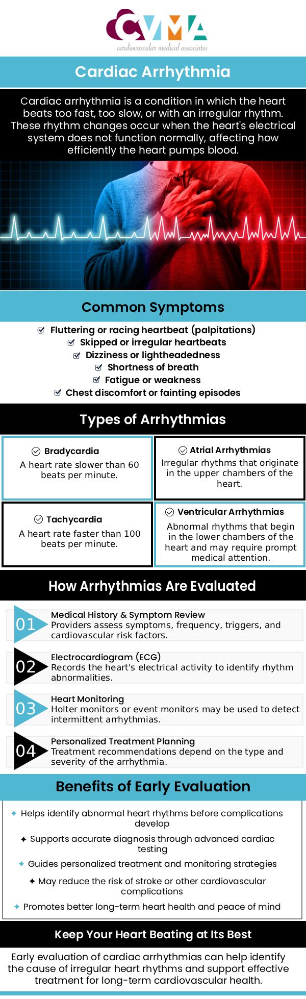 An arrhythmia, or irregular heartbeat, is an abnormality with the pace or rhythm of your heartbeat. Your heart may beat too rapidly, too slowly, or in an irregular rhythm. Palpitations, dizziness, fainting, shortness of breath, and chest pain are all symptoms of arrhythmias. If you have symptoms of excessive exhaustion or heart palpitations, you should consult a doctor. Visit Cardiovascular Medical Associates. Our board-certified cardiologists, Kaushal Tamboli, MD FACC, Paiboon Mahaisavariya MD FACC, and Paul Yoshino MD and his team of experts will assist you in determining the best treatment option for you. For more information, contact us or book an appointment online. We are conveniently located at 8317 Davis St, Downey, CA 90241.